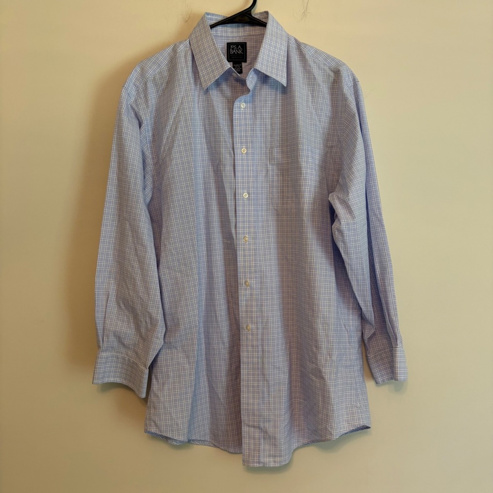 Jos A Bank Traveler Button up long sleeve blue white plaid shirt dress 15 1/2 32